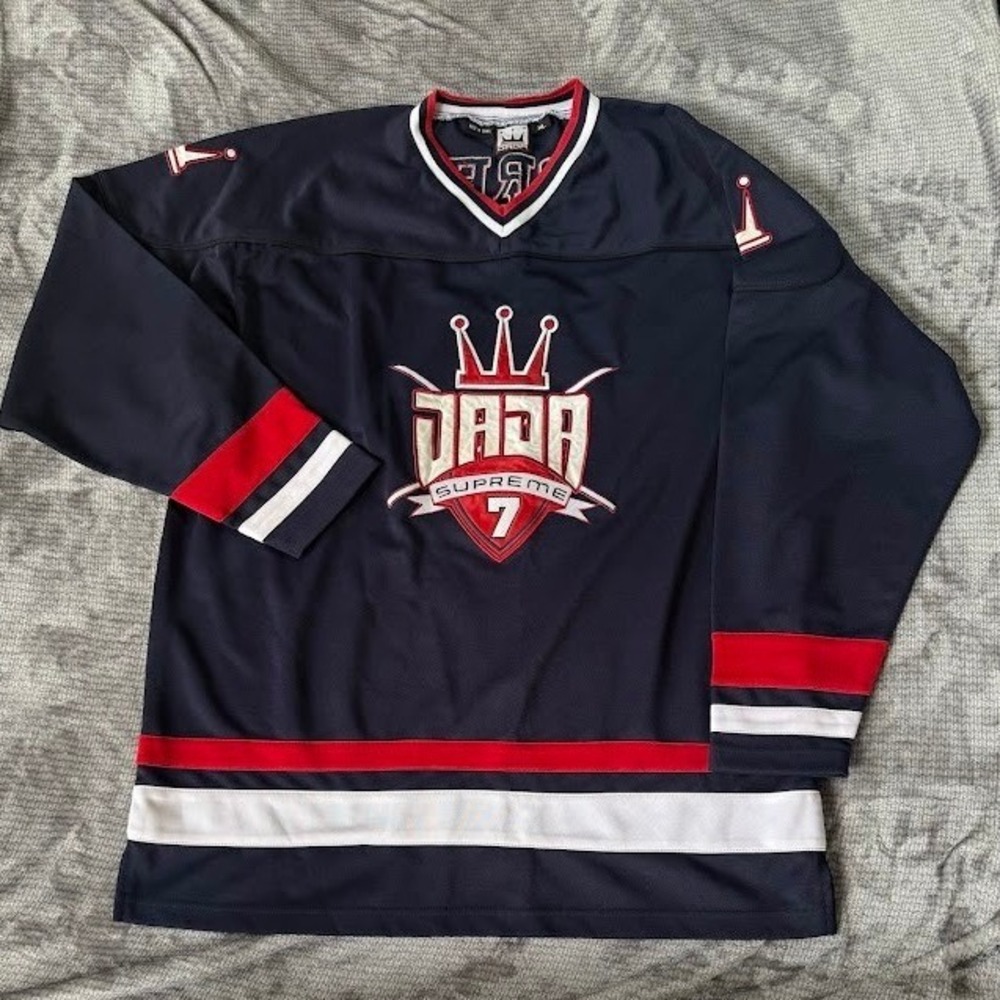 Vintage Dada Supreme Hockey Jersey Blue Red White Embroidered Logo Mens XL 90s.